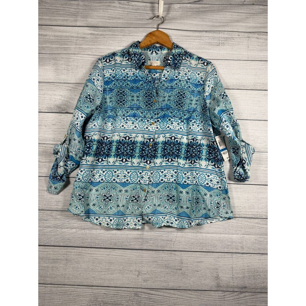 Charter Club Luxury Women’s Petite XL 100% Linen Blue Print Button Shirt 4211